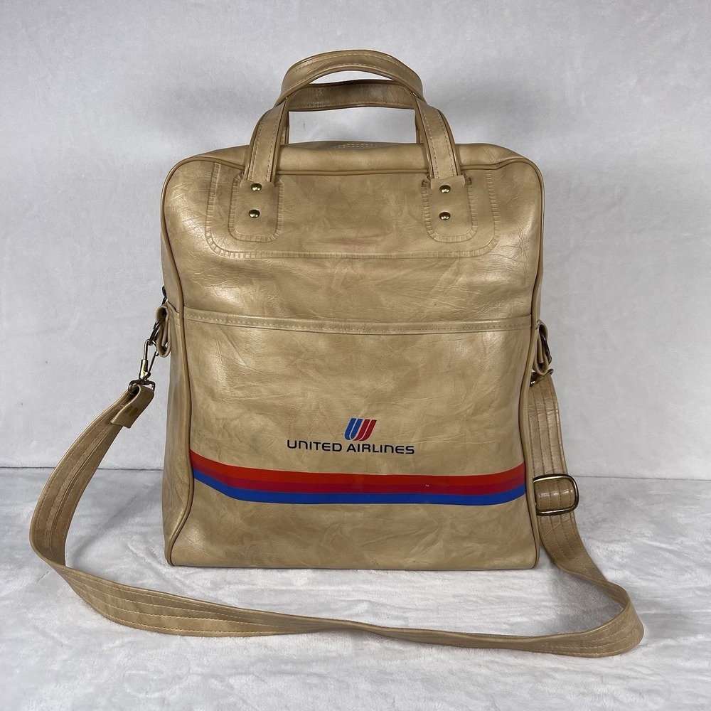 Vintage 70s United Airlines Faux Leather Carry On Bag Tan Tulip Logo Exclusive - Picture 1 of 11